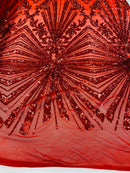 Red Sequins Lace Fabric On a Mesh, Geometric Design Embroidered On 4 way Stretch Sequin By The Yard -Prom-Gown ( Choose The Size )
