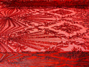 Red Sequins Lace Fabric On a Mesh, Geometric Design Embroidered On 4 way Stretch Sequin By The Yard -Prom-Gown ( Choose The Size )