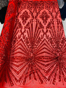 Red Sequins Lace Fabric On a Mesh, Geometric Design Embroidered On 4 way Stretch Sequin By The Yard -Prom-Gown ( Choose The Size )