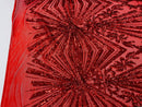 Red Sequins Lace Fabric On a Mesh, Geometric Design Embroidered On 4 way Stretch Sequin By The Yard -Prom-Gown ( Choose The Size )