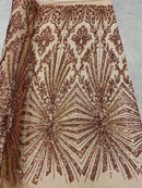 Rose Gold Sequins Lace Fabric On a Mesh, Geometric Design Embroidered On 4 way Stretch Sequin By The Yard -Prom-Gown ( Choose The Size )