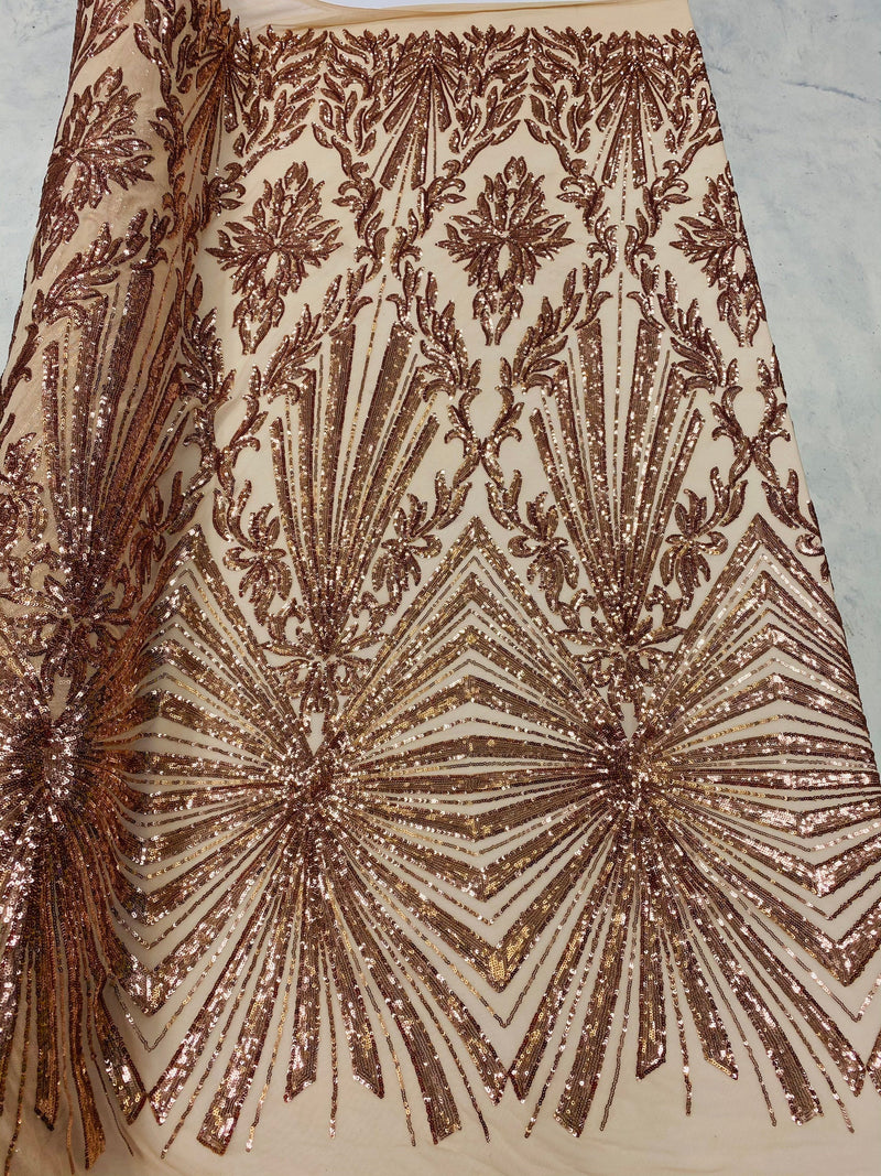 Rose Gold Sequins Lace Fabric On a Mesh, Geometric Design Embroidered On 4 way Stretch Sequin By The Yard -Prom-Gown ( Choose The Size )