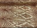 Rose Gold Sequins Lace Fabric On a Mesh, Geometric Design Embroidered On 4 way Stretch Sequin By The Yard -Prom-Gown ( Choose The Size )