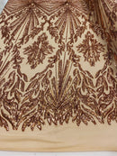 Rose Gold Sequins Lace Fabric On a Mesh, Geometric Design Embroidered On 4 way Stretch Sequin By The Yard -Prom-Gown ( Choose The Size )