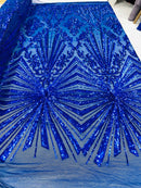 Royal Blue Sequins Lace Fabric On a Mesh, Geometric Design Embroidered On 4 way Stretch Sequin By The Yard -Prom-Gown ( Choose The Size )