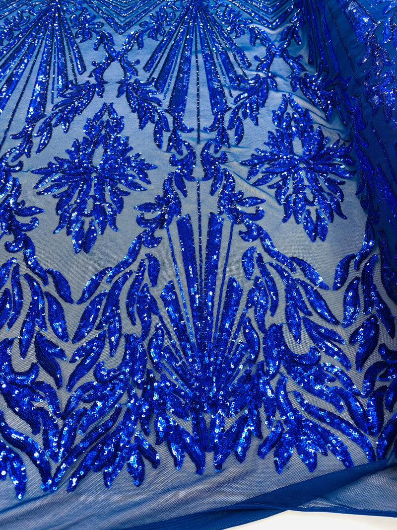 Royal Blue Sequins Lace Fabric On a Mesh, Geometric Design Embroidered On 4 way Stretch Sequin By The Yard -Prom-Gown ( Choose The Size )