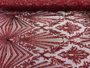 Burgundy Sequins Lace Fabric On a Mesh, Geometric Design Embroidered On 4 way Stretch Sequin By The Yard -Prom-Gown ( Choose The Size )