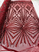Burgundy Sequins Lace Fabric On a Mesh, Geometric Design Embroidered On 4 way Stretch Sequin By The Yard -Prom-Gown ( Choose The Size )