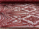 Burgundy Sequins Lace Fabric On a Mesh, Geometric Design Embroidered On 4 way Stretch Sequin By The Yard -Prom-Gown ( Choose The Size )