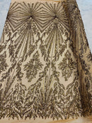 Gold Sequins Lace Fabric On Nude Mesh, Geometric Design Embroidered On 4 way Stretch Sequin By The Yard -Prom-Gown ( Choose The Size )