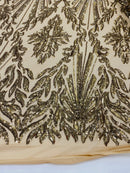 Gold Sequins Lace Fabric On Nude Mesh, Geometric Design Embroidered On 4 way Stretch Sequin By The Yard -Prom-Gown ( Choose The Size )