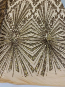 Gold Sequins Lace Fabric On Nude Mesh, Geometric Design Embroidered On 4 way Stretch Sequin By The Yard -Prom-Gown ( Choose The Size )