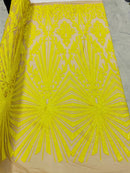 Yellow Sequins Lace Fabric On Nude Mesh, Geometric Design Embroidered On 4 way Stretch Sequin By The Yard -Prom-Gown ( Choose The Size )