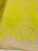 Yellow Sequins Lace Fabric On Nude Mesh, Geometric Design Embroidered On 4 way Stretch Sequin By The Yard -Prom-Gown ( Choose The Size )
