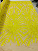 Yellow Sequins Lace Fabric On Nude Mesh, Geometric Design Embroidered On 4 way Stretch Sequin By The Yard -Prom-Gown ( Choose The Size )