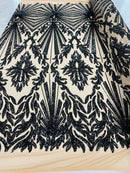 Black Sequins Lace Fabric On Nude Mesh, Geometric Design Embroidered On 4 way Stretch Sequin By The Yard -Prom-Gown ( Choose The Size )