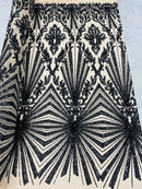 Black Sequins Lace Fabric On Nude Mesh, Geometric Design Embroidered On 4 way Stretch Sequin By The Yard -Prom-Gown ( Choose The Size )