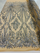 Silver Sequins Lace Fabric On Nude Mesh, Geometric Design Embroidered On 4 way Stretch Sequin By The Yard -Prom-Gown ( Choose The Size )