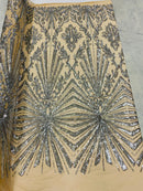 Silver Sequins Lace Fabric On Nude Mesh, Geometric Design Embroidered On 4 way Stretch Sequin By The Yard -Prom-Gown ( Choose The Size )