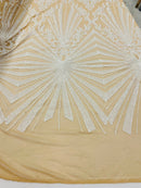 White Sequins Lace Fabric On Nude Mesh, Geometric Design Embroidered On 4 way Stretch Sequin By The Yard -Prom-Gown ( Choose The Size )