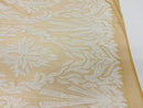 White Sequins Lace Fabric On Nude Mesh, Geometric Design Embroidered On 4 way Stretch Sequin By The Yard -Prom-Gown ( Choose The Size )