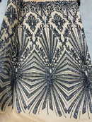Charcoal Sequins Lace Fabric On Nude Mesh, Geometric Design Embroidered On 4 way Stretch Sequin By The Yard -Prom-Gown ( Choose The Size )