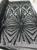 Black Sequins Lace Fabric On a Mesh, Geometric Design Embroidered On 4 way Stretch Sequin By The Yard -Prom-Gown ( Choose The Size )