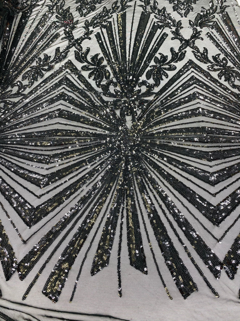 Black Sequins Lace Fabric On a Mesh, Geometric Design Embroidered On 4 way Stretch Sequin By The Yard -Prom-Gown ( Choose The Size )