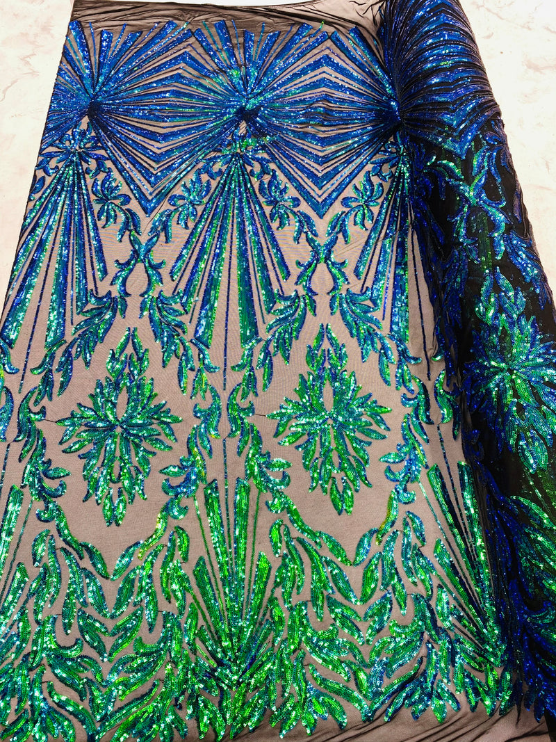 Iridescent Sequins Lace Fabric On Mesh, Geometric Design Embroidered On 4 way Stretch Sequin By The Yard -Prom-Gown ( Choose The Size )