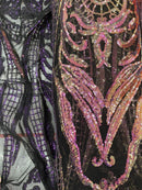 Iridescent Purple Sequins Fabric, Damask Design 4 Way Stretch Sequin Fabric on a Spandex Mesh-Prom-Gown By The Yard
