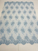 Baby Blue Floral Lace Fabric, Embroidery on a Mesh Lace Fabric By The Yard For Gown, Wedding-Bridal