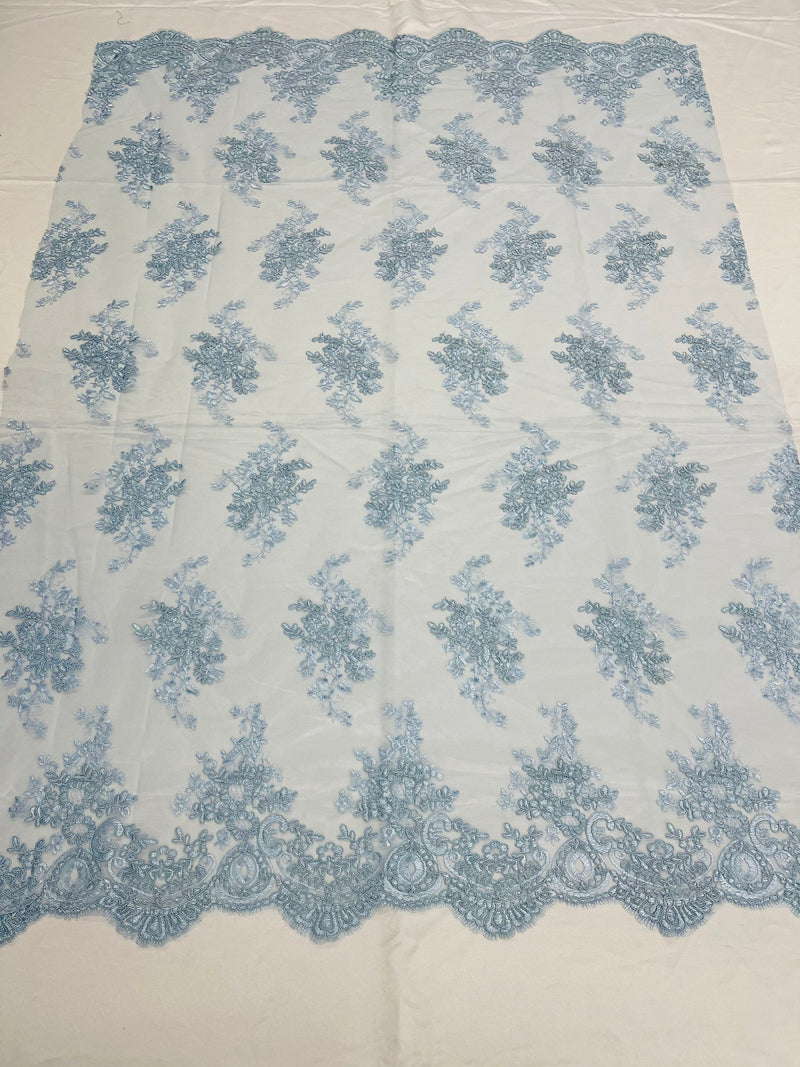 Baby Blue Floral Lace Fabric, Embroidery on a Mesh Lace Fabric By The Yard For Gown, Wedding-Bridal