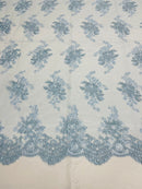 Baby Blue Floral Lace Fabric, Embroidery on a Mesh Lace Fabric By The Yard For Gown, Wedding-Bridal