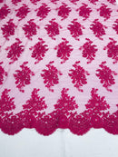 Fuchsia Floral Lace Fabric, Embroidery on a Mesh Lace Fabric By The Yard For Gown, Wedding-Bridal