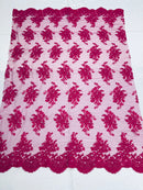Fuchsia Floral Lace Fabric, Embroidery on a Mesh Lace Fabric By The Yard For Gown, Wedding-Bridal