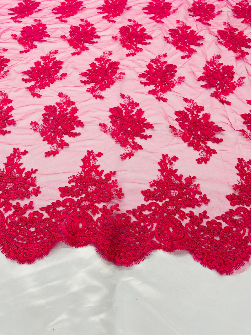 Fuchsia Floral Lace Fabric, Embroidery on a Mesh Lace Fabric By The Yard For Gown, Wedding-Bridal