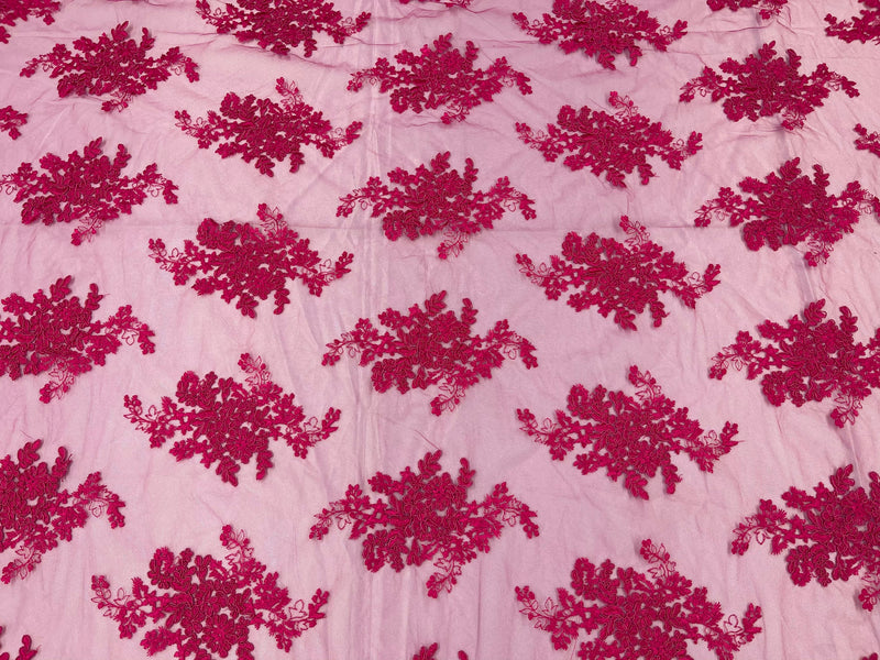 Fuchsia Floral Lace Fabric, Embroidery on a Mesh Lace Fabric By The Yard For Gown, Wedding-Bridal