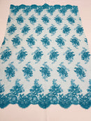 Turquoise Floral Lace Fabric, Embroidery on a Mesh Lace Fabric By The Yard For Gown, Wedding-Bridal-Dress