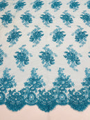 Turquoise Floral Lace Fabric, Embroidery on a Mesh Lace Fabric By The Yard For Gown, Wedding-Bridal-Dress