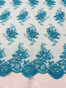 Turquoise Floral Lace Fabric, Embroidery on a Mesh Lace Fabric By The Yard For Gown, Wedding-Bridal-Dress
