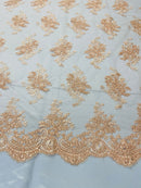 Peach Floral Lace Fabric, Embroidery on a Mesh Lace Fabric By The Yard For Gown, Wedding-Bridal-Dress