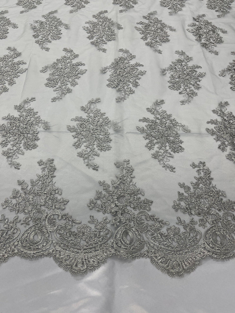 Silver Metallic Floral Lace Fabric, Embroidery on a Mesh Lace Fabric By The Yard For Gown, Wedding-Bridal-Dress