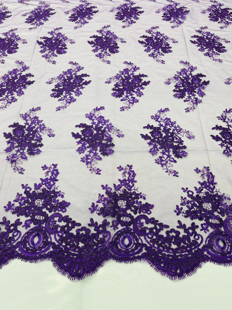 Purple Floral Lace Fabric, Embroidery on a Mesh Lace Fabric By The Yar Purple Floral Lace Fabric, Embroidery on a Mesh Lace Fabric By The Yar