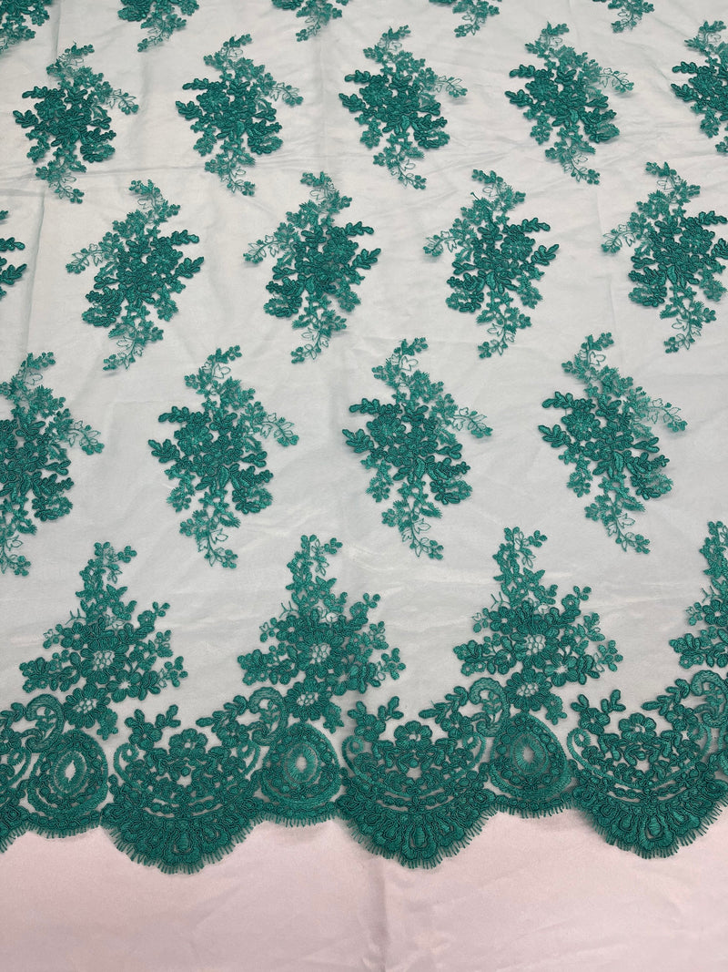 Teal Floral Lace Fabric, Embroidery on a Mesh Lace Fabric By The Yard For Gown, Wedding-Bridal-Dress