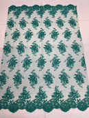 Teal Floral Lace Fabric, Embroidery on a Mesh Lace Fabric By The Yard For Gown, Wedding-Bridal-Dress
