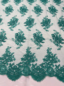 Teal Floral Lace Fabric, Embroidery on a Mesh Lace Fabric By The Yard For Gown, Wedding-Bridal-Dress