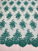 Teal Floral Lace Fabric, Embroidery on a Mesh Lace Fabric By The Yard For Gown, Wedding-Bridal-Dress
