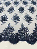 Navy Floral Lace Fabric, Embroidery on a Mesh Lace Fabric By The Yard For Gown, Wedding-Bridal-Dress