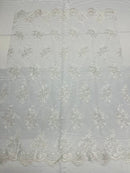 Of White/Silver Floral Lace Fabric, Embroidery on a Mesh Lace Fabric By The Yard For Gown, Wedding-Bridal-Dress