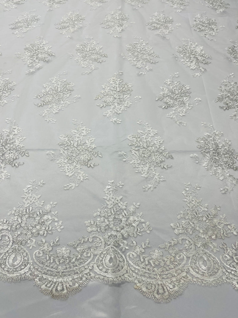 Of White/Silver Floral Lace Fabric, Embroidery on a Mesh Lace Fabric By The Yard For Gown, Wedding-Bridal-Dress